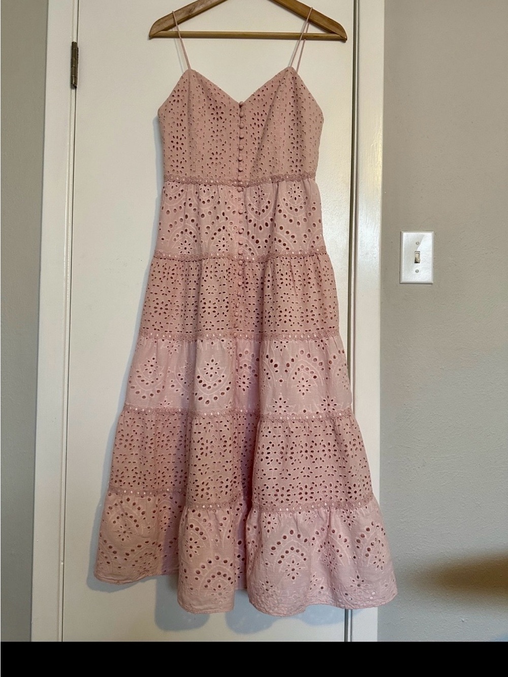 Spaghetti Strap Eyelet Midi Dress in Dusty Pink